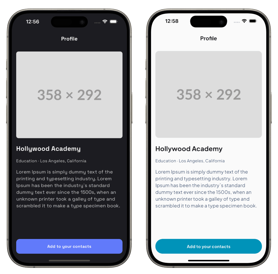Side-by-side comparison of light blue and dark purple themed profile screens